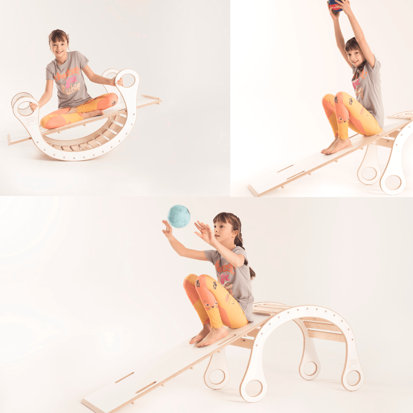 girl sitting on the ladder and a rocker by good wood playing ball