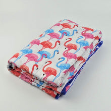 Cargar imagen en el visor de la galería, pink, blue and orange flamingo pattern weighted blanket by sensory owl